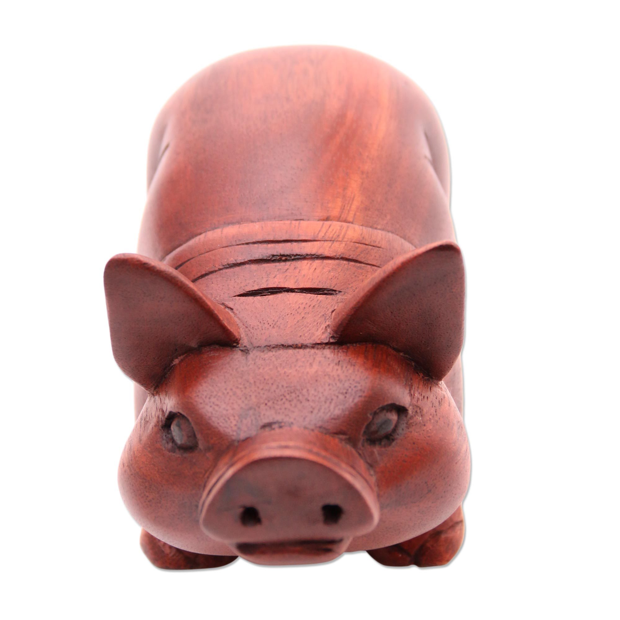 Hand Carved Wood Sculpture of a Pig Adorable Pig NOVICA