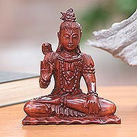 Wood sculpture, 'Hindu God Shiva' - Signed Artisan Carved Hindu Wood Sculpture of Shiva