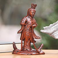 Wood sculpture, 'Goddess Kwan Im' - Hand Carved Balinese Signed Kwan Im Goddess Sculpture