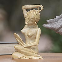 Wood sculpture, 'Young Balinese Woman' - Hand Carved Balinese Signed Artistic Nude Sculpture