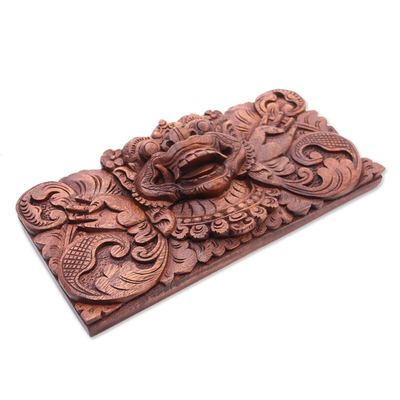 Wood relief panel, 'Barong the Protector' - Hand Carved Wood Relief Panel of the Balinese Deity Barong