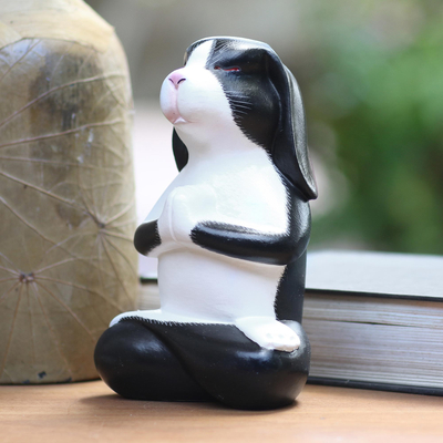 Wood sculpture, 'Praying Rabbit' - Meditating Rabbit Wood Sculpture from Bali