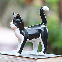 Wood sculpture, Curious Tuxedo Cat