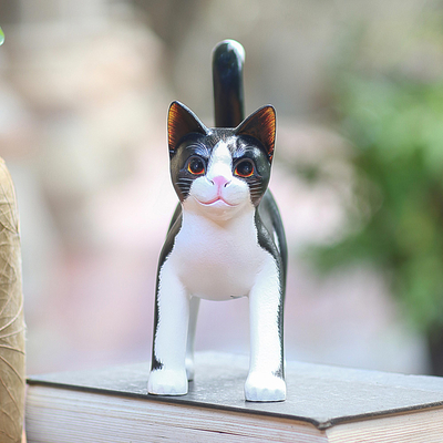 Wood sculpture, 'Curious Tuxedo Cat' - Balinese Signed Hand-Carved Tuxedo Cat Sculpture