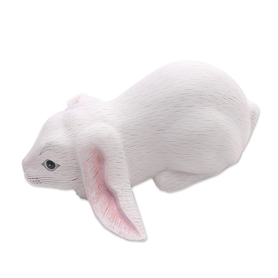 Wood sculpture, 'White Lop Bunny' - Balinese Signed White Lop-Eared Rabbit Sculpture