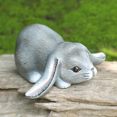 Wood sculpture, 'Grey Lop-Eared Bunny' - Balinese Signed Grey Lop-Eared Rabbit Sculpture