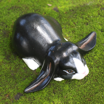Wood sculpture, 'Lop-Eared Dutch Bunny' - Balinese Signed Black & White Lop-Eared Rabbit Sculpture
