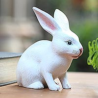 Wood sculpture, 'Inquisitive White Rabbit'