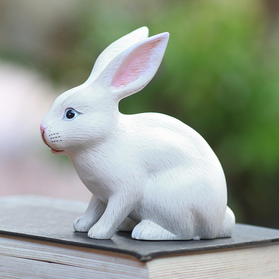 Wood sculpture, 'Inquisitive White Rabbit' - Balinese Signed White Bunny Rabbit Sculpture from Bali
