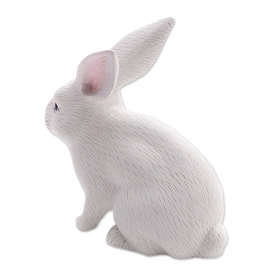 Wood sculpture, 'Inquisitive White Rabbit' - Balinese Signed White Bunny Rabbit Sculpture from Bali