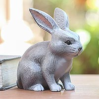 Wood sculpture, 'Inquisitive Grey Rabbit' - Balinese Signed Grey Bunny Rabbit Wood Sculpture