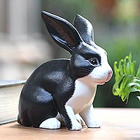 Wood sculpture, 'Inquisitive Dutch Rabbit' - Balinese Signed Black and White Dutch Rabbit Wood Sculpture