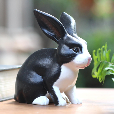 Wood sculpture, 'Inquisitive Dutch Rabbit' - Balinese Signed Black and White Dutch Rabbit Wood Sculpture
