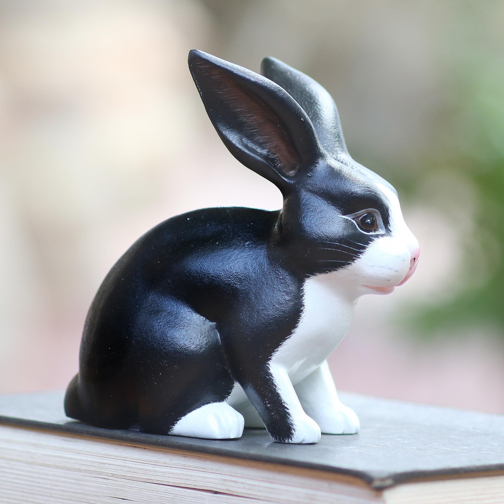 Balinese Signed Black and White Dutch Rabbit Wood Sculpture ...