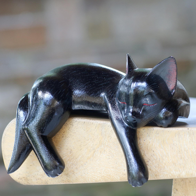 Wood sculpture, 'Black Catnap' - Balinese Signed Hand-Carved Sleeping Black Cat Sculpture