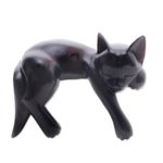 Wood sculpture, 'Black Catnap' - Balinese Signed Hand-Carved Sleeping Black Cat Sculpture