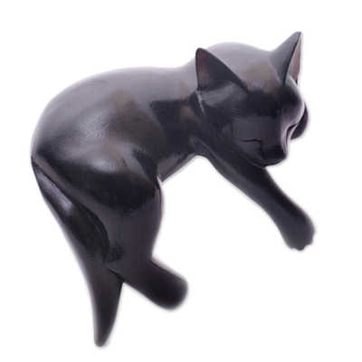 Wood sculpture, 'Black Catnap' - Balinese Signed Hand-Carved Sleeping Black Cat Sculpture