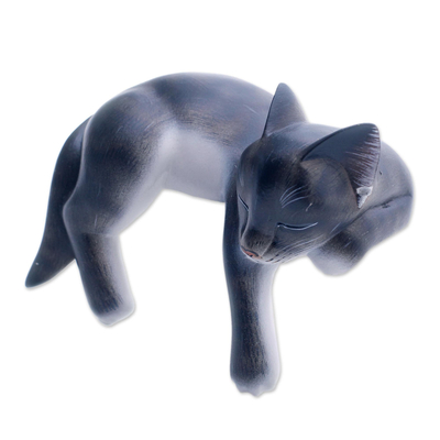 Holzskulptur - Handgefertigte dunkelgraue schlafende Katzenskulptur
