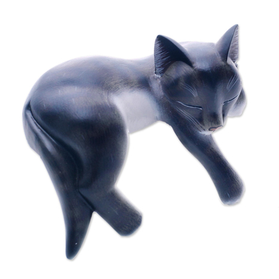 Wood sculpture, 'Catnap' - Hand Crafted Dark Grey Sleeping Kitty Cat Sculpture