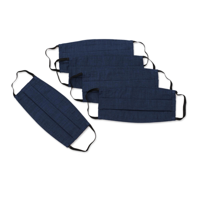 Gesichtsmasken aus Baumwolle, (5er-Set) - Set mit 5 doppellagigen blauen Baumwoll-Gesichtsmasken mit elastischen Schlaufen