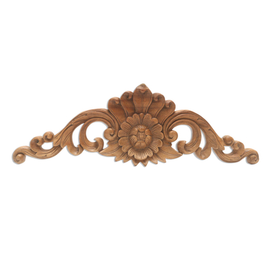 Wood relief panel, 'Floral Flourish' - Hand Carved Floral Wood Wall Relief Panel