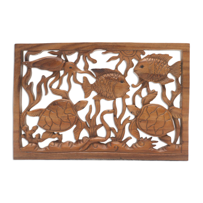 Wood wall relief panel, 'Under the Sea' - Sea-Themed Hand Carved Wood Wall Relief Panel