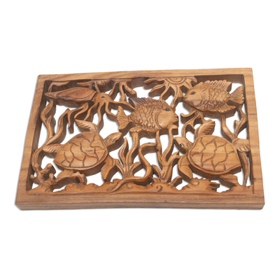Wood wall relief panel, 'Under the Sea' - Sea-Themed Hand Carved Wood Wall Relief Panel