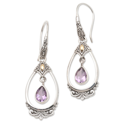 Gold-accented amethyst dangle earrings, 'Victoriana' - Victorian Style Amethyst Dangle Earrings