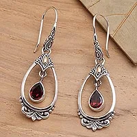 Gold-accented garnet dangle earrings, 'Victoriana' - Sterling Silver Garnet Earrings with Gold Accents