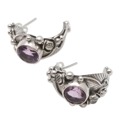 Amethyst half-hoop earrings, 'Bountiful Garden' - Sterling Half-Hoop Earrings with 6 Carats of Amethyst
