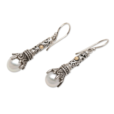 Gold accented cultured pearl dangle earrings, 'Royal Scepter' - Gold Accented Cultured Pearl Dangle Earrings
