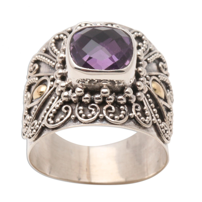 Gold accent amethyst cocktail ring, 'Lilac Checkerboard Window' - Bali Gold Accent Silver and Checkerboard Amethyst Ring
