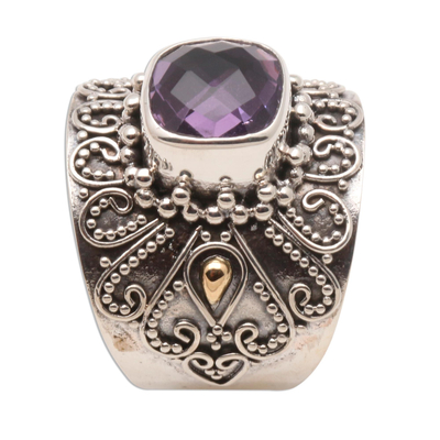 Gold accent amethyst cocktail ring, 'Lilac Checkerboard Window' - Bali Gold Accent Silver and Checkerboard Amethyst Ring