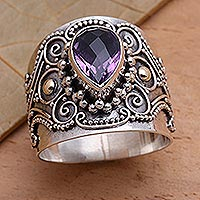 Gold accent amethyst cocktail ring, 'Checkerboard Teardrop'