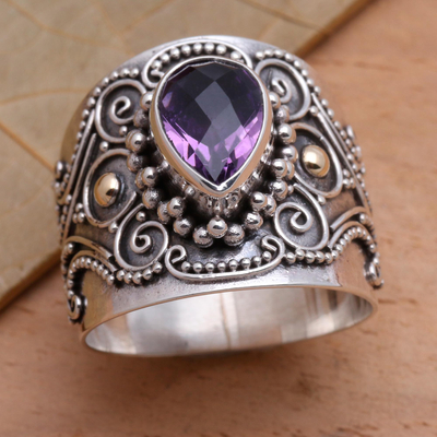 Gold accent amethyst cocktail ring, 'Checkerboard Teardrop' - Ornate Balinese Silver and Amethyst Ring with Gold Accents