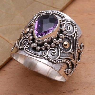 Ornate Balinese Silver and Amethyst Ring with Gold Accents ...