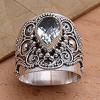Ornate Balinese Silver and Prasiolite Ring with Gold Accents,'Checkerboard Teardrop'