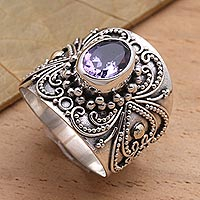 Balinese Silver and Oval Amethyst Ring with Gold Accents,'Oval Lilac Glow'