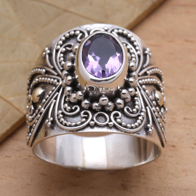 Gold accent amethyst cocktail ring, 'Oval Lilac Glow' - Balinese Silver and Oval Amethyst Ring with Gold Accents
