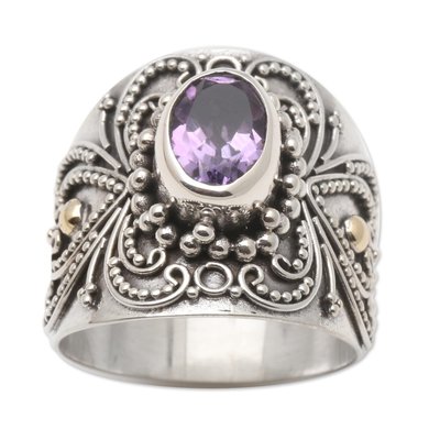 Gold accent amethyst cocktail ring, 'Oval Lilac Glow' - Balinese Silver and Oval Amethyst Ring with Gold Accents