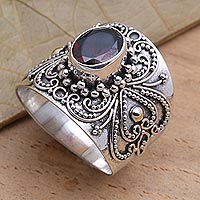Balinese Silver and Oval Garnet Ring with Gold Accents,'Oval Crimson Glow'