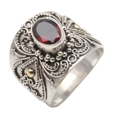 Balinese Silver and Oval Garnet Ring with Gold Accents - Oval Crimson ...