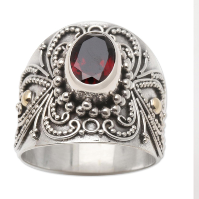 Balinese Silver and Oval Garnet Ring with Gold Accents - Oval Crimson ...