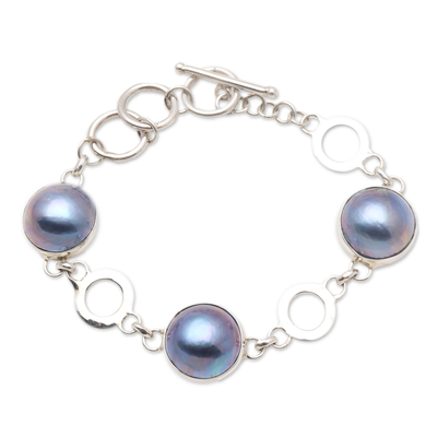 Cultured mabe pearl link bracelet, 'Blue Moon Nights' - Cultured Peacock Mabe Pearl Link Bracelet