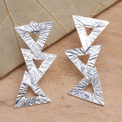 Sterling silver drop earrings, 'Triangle Triad' - Contemporary Triangle Motif Sterling Silver Drop Earrings