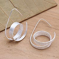 Sterling silver half-hoop earrings, 'Shoot the Moon' - Modern Brushed Silver Loop Half Hoop Earrings