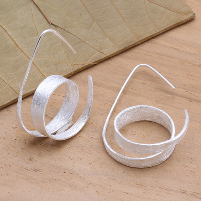 Sterling silver half-hoop earrings, 'Shoot the Moon' - Modern Brushed Silver Loop Half Hoop Earrings
