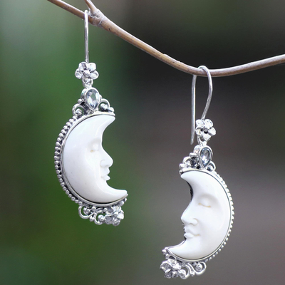 Blue topaz and bone dangle earrings, 'Sleepy Crescent Moon' - Blue Topaz and Bone Moon Earrings