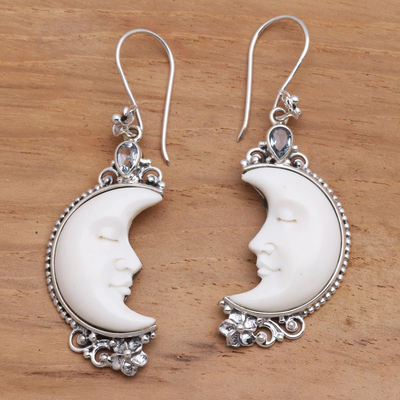 Blue topaz and bone dangle earrings, 'Sleepy Crescent Moon' - Blue Topaz and Bone Moon Earrings