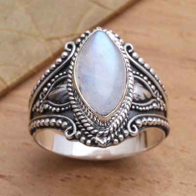 Casual Wear Cabochon Christmas Gift White Stone Ring Natural Gemstone Gift Bezel Ring Sterling Silver Ring Christmas Moonstone Ring